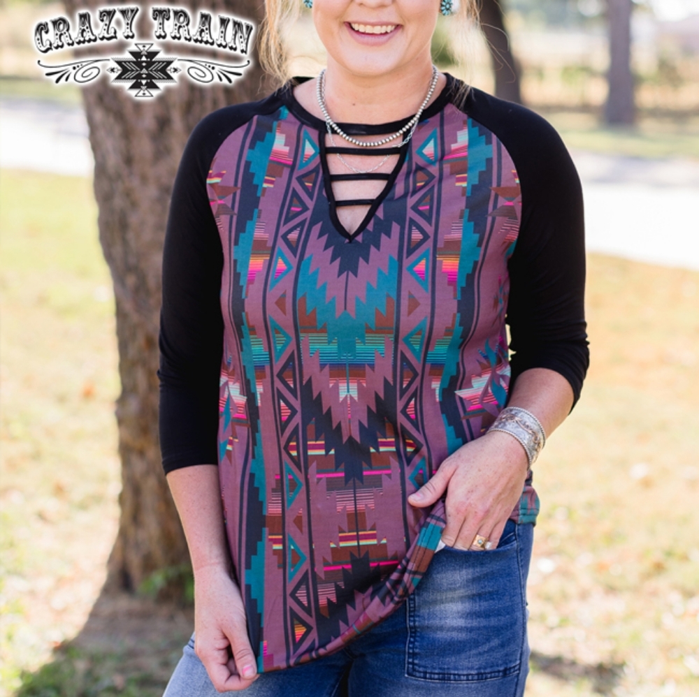 🌵Purple Aztec 3/4 sleeve🌵 Top V Neck Crazy Train - Picture 1 of 3